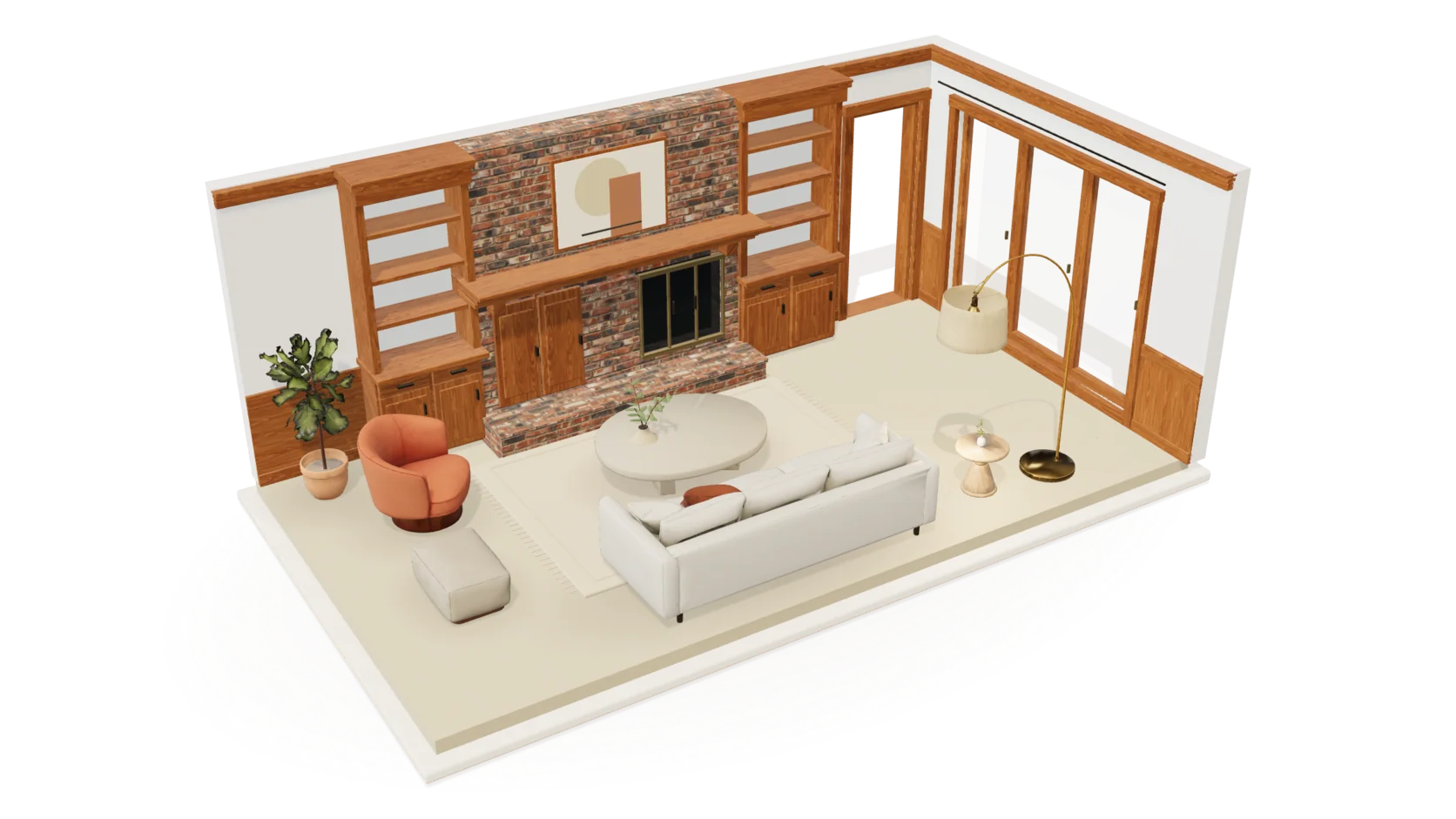 The example living room in 3D, furnished and opened into a cutaway
