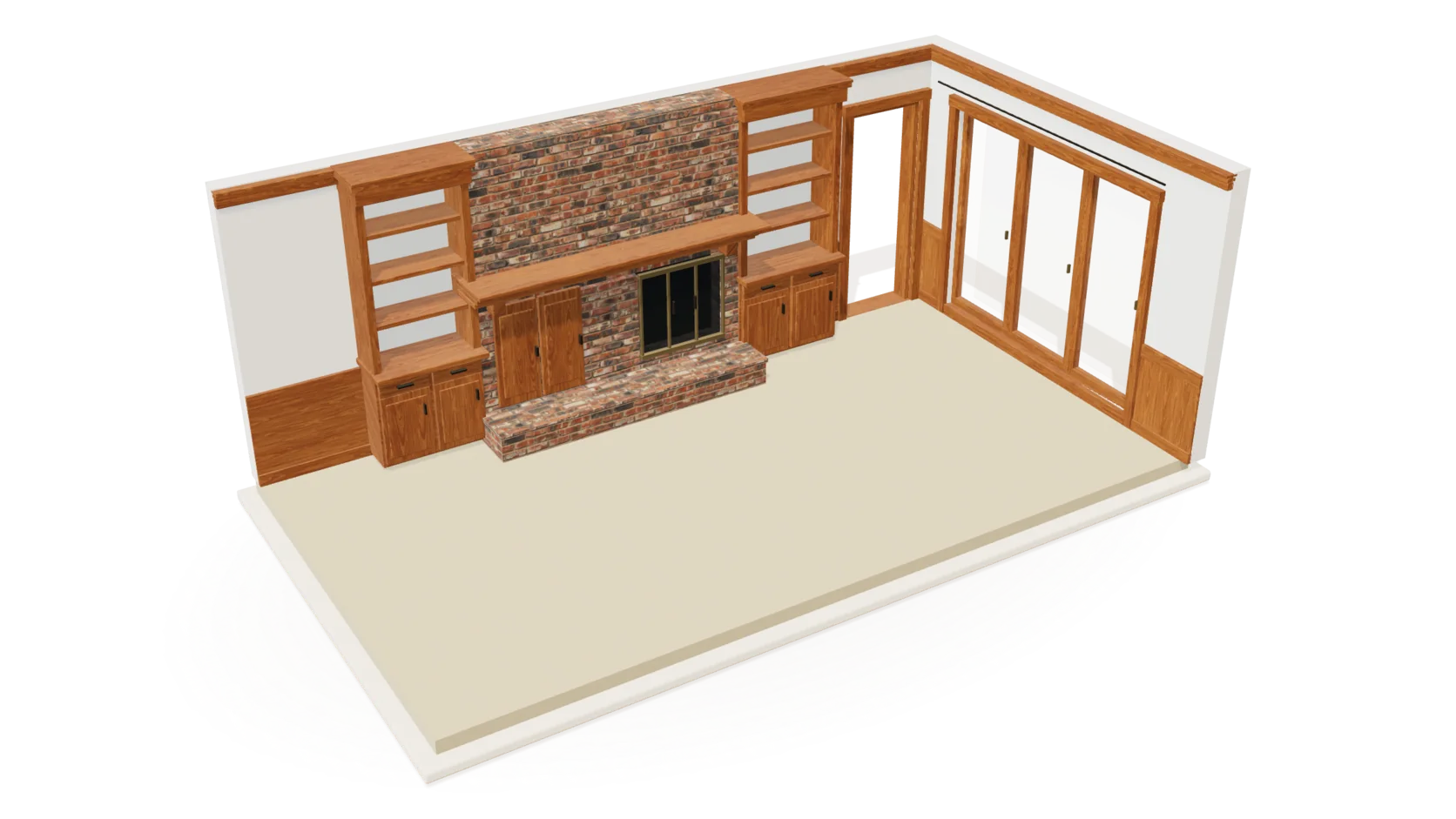 The same room emptied into an open architectural shell