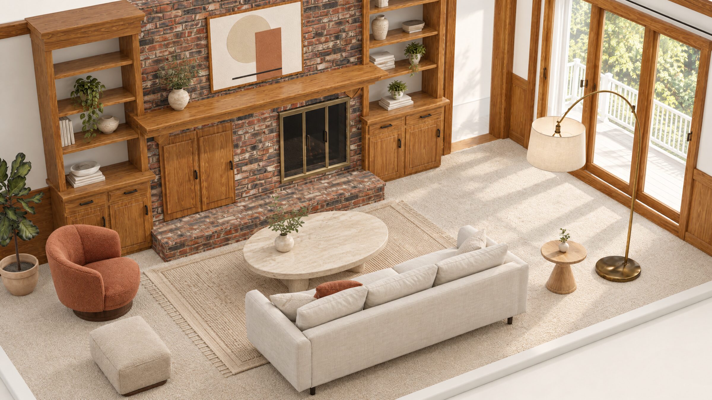 The reconstructed living room, furnished: a linen sofa, clay chair, stone table and arc lamp around the fireplace